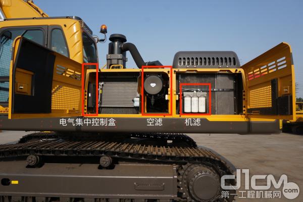 圖為：左機罩集中布置空濾、機濾、電氣集中控制盒